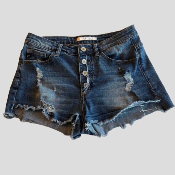 KanCan Distressed Button Fly Raw Hem Denim Shorts Size Large - Picture 1 of 8